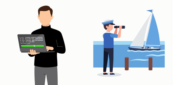 Tech professional monitoring maritime navigation with laptop and sailor on watch