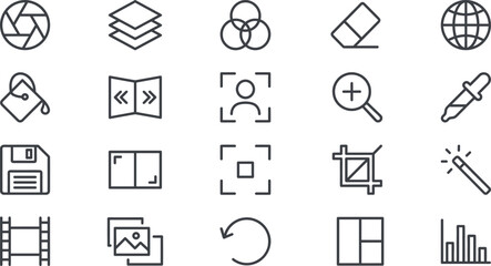 Graphic design and photo editing vector icon set featuring layers crop paint bucket magic wand and eyedropper tools © Rokeya