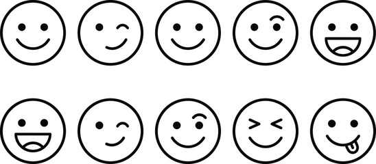 Happy emoticon vector icon set featuring happy smiling winking laughing and playful tongue out faces in line art © Rokeya
