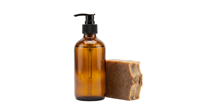 Amber glass pump bottle with natural handmade soap bar, organic skincare packaging mockup, brown apothecary bottle for liquid soap or lotion