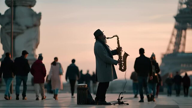 Paris, France, Europe. A vivid portrayal of a street musician playing a saxophone against the backdrop of the Eiffel Tower at sunset. The musician wears a long coat and hat.