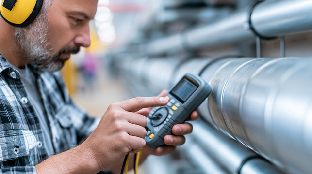 Cropped european industrial inspector wearing safety headphones holding an ultrasonic leak detection device against a large metal pipe in a bright utility tunnel clean pale walls