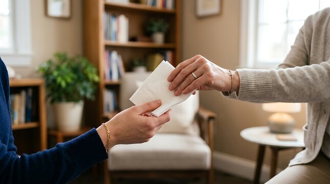 Person offering white tissue to another individual in a warm indoor setting for support