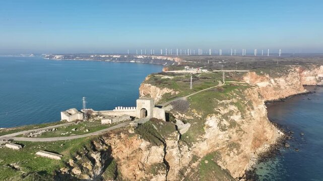 Gate of ancient fortress Kaliakra on a cape Kaliakra. Aerial view. North-east Bulgaria, Kavarna, Black sea
