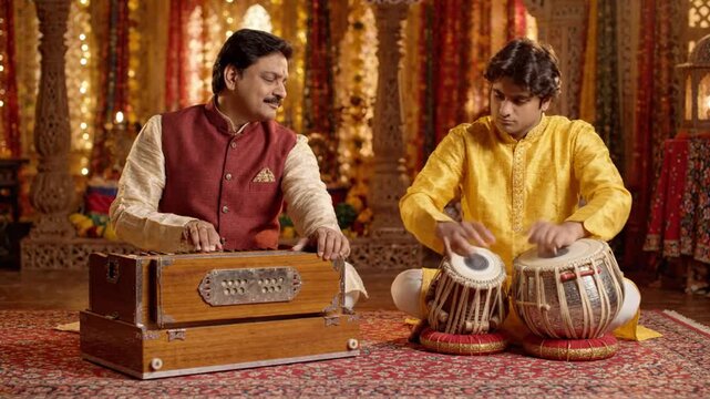 Indian musicians playing harmonium and tabla drums, traditional music performance