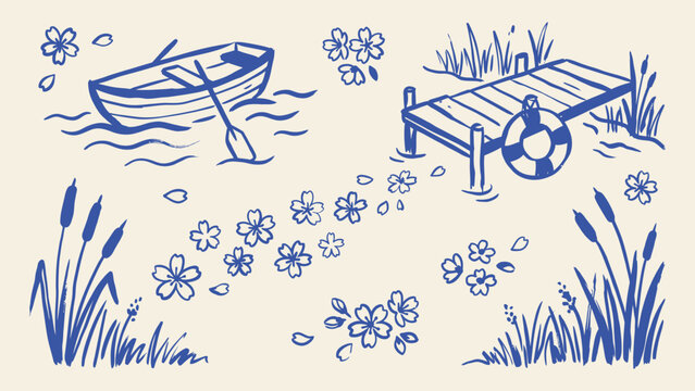 Blue hand drawn vector illustrations of a rowboat wooden dock cattails and cherry blossom flowers for lake and nature design