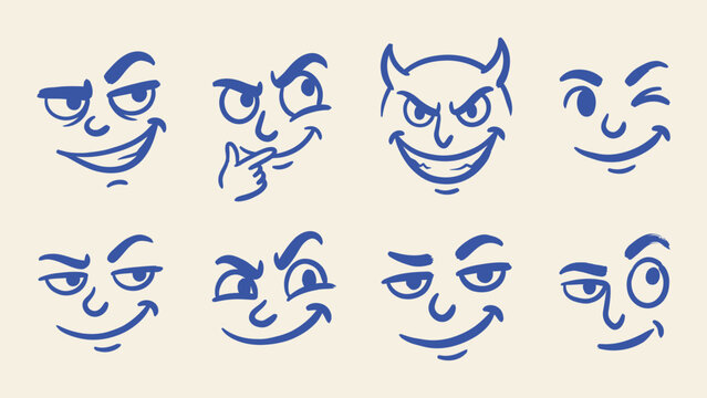 Mischievous cartoon faces vector set with smirking and devilish expressions hand drawn in blue ink doodle style
