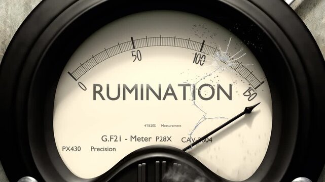 Rumination meter showing big levels of rumination. Dangerously increasing high values of rumination, critical overload. Too much, off the charts. Max rumination