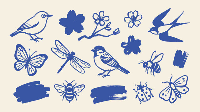 Blue linocut nature vector illustration set featuring birds, butterfly, dragonfly, bees, ladybug, and cherry blossoms for spring design