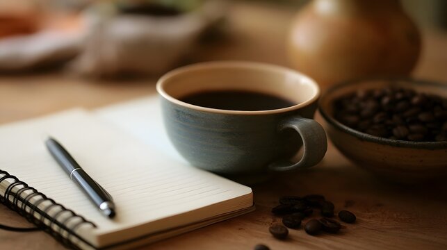 A ceramic cup of coffee sits beside an open notebook and scattered beans on a wooden surface