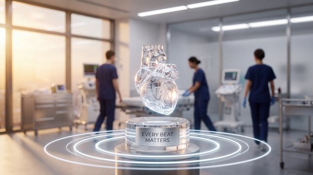 Holographic heart model floating in hospital ward with displays glowing holographic pedestal hospital background