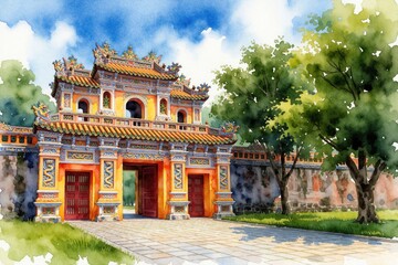 Obraz premium Watercolor painting shows ornate traditional Asian imperial gate with dragon motifs. Bright sunny day with blue sky and clouds illuminates ancient architecture and green trees.