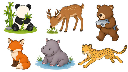 Obraz premium Cute Woodland Animals Cartoon Clipart Set Isolated on White Background