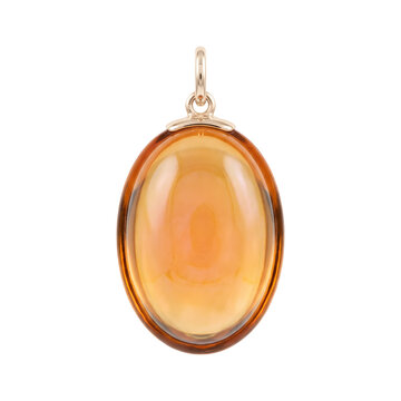 Polished oval cabochon citrine drop gemstone with smooth translucent yellow body, isolated on transparent background for jewelry design assets