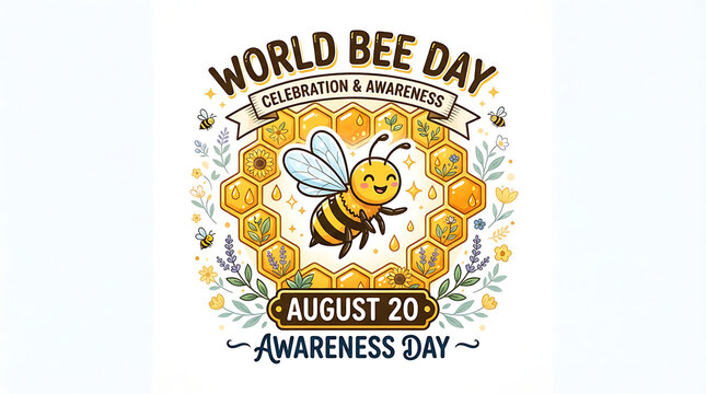"World Bee Day" featuring a cheerful cartoon bee with a halo, flying inside a circular frame made of golden honeycombs, WORLD BEE DAY" and "CELEBRATION & AWARENESS," "AUGUST 20" 