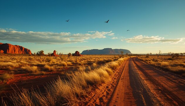 Vast Australian desert landscape featuring a red dirt road stretching into the distance, flanked by native grasses and shrubs