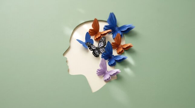 Minimalist paper cut profile of a human head with colorful butterflies flying out against a green background.