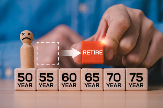 Retirement planning concept with wooden blocks showing delayed retirement from age 55 to 65, symbolizing pension planning, financial security, workforce aging, career extension and retirement policy.