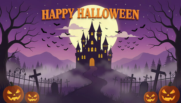 Happy Halloween Illustration Featuring Spooky Haunted House Scene