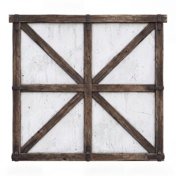 Detail of a traditional rustic timber frame wall with white plastered sections and dark wood beams, isolated on a white background. Architectural element.