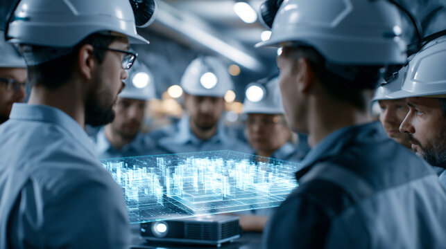 Group of european miners in helmets with lamps gathered around a bright glowing holographic mine map floating above a portable projector in a clean well lit tunnel figures shown