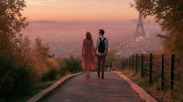 Paris, France, Europe. A vivid portrayal of a couple walking handinhand on a wooden boardwalk, overlooking a cityscape at sunset. The sky is painted in warm hues of orange, pink, and purple.