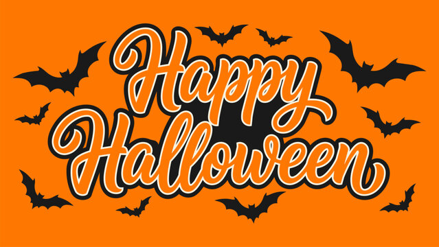 Retro Groovy Happy Halloween Script Typography Banner with Flying Bats Vector