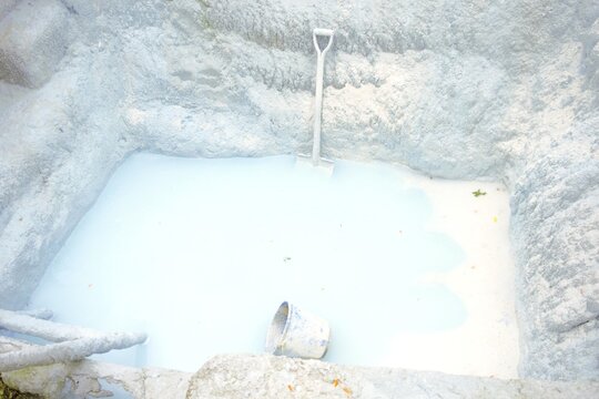 Whitewash Preparation Area for Maintenance of Boudhanath Stupa in Kathmandu, Nepal