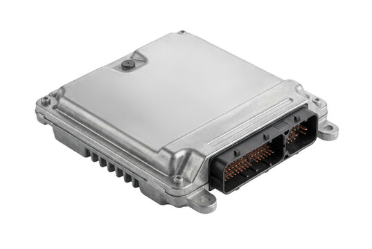 Automotive engine control unit ECU module on black background.