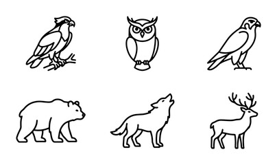 Fototapeta premium Minimalist Wildlife Icons: Birds, Bear, Wolf, Deer Vector Set for Nature Graphics