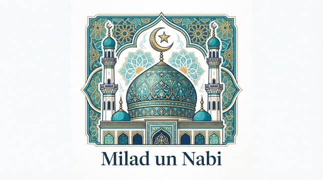 Festive colorful Islamic mosque design with glowing crescent moon elements for Ramadan Kareem and Milad un Nabi decoration