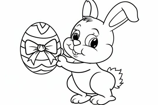 Bunny holding an easter egg, black and white coloring page for kids