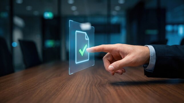 AI document approval system shows hand pointing to digital file with checkmark for review and detection automation in office