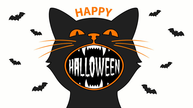 Spooky Black Cat Face Silhouette with Happy Halloween Teeth Typography Vector