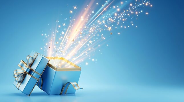 A blue gift box opening to reveal a magical explosion of bright golden light and sparkling particles against a soft blue background