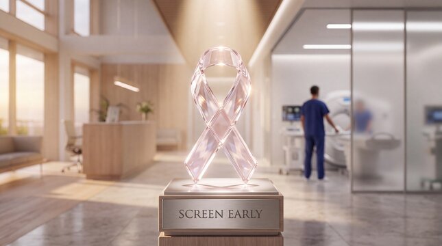 Transparent pink ribbon award sculpture displayed inside modern healthcare facility promoting early cancer screening