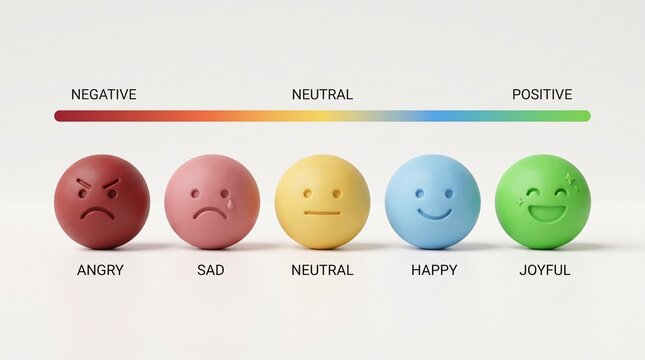 Emotion scale with colorful clay spheres. Mood assessment chart showing feelings from sad to happy.