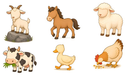 Fototapeta premium Cute Farm Animals Cartoon Clipart Set Isolated on White Background