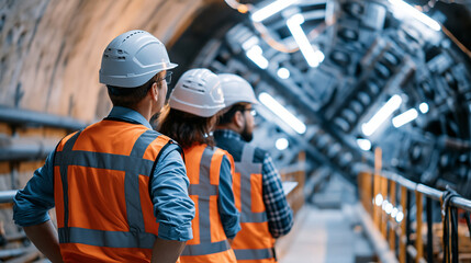 Obraz premium Massive tunnel boring machine cutterhead inside a freshly excavated tunnel with light earth tones cropped european workers in clean safety gear checking hydraulic lines from