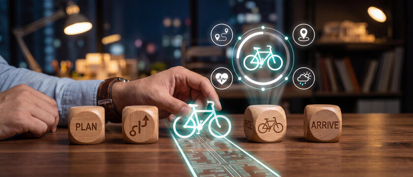 A person interacting with a digital interface representing bicycle trip planning, navigation, and health tracking