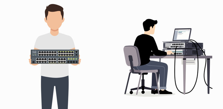 Professional holding network switch and IT technician working on server rack
