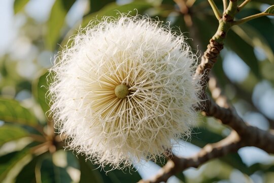 White fluffy fruit of Ceiba speciosa tree opens on branch. Soft cotton fibers surround tiny seeds in sunlight. Macro view shows delicate texture of tropical plant pod. Botanical detail in garden
