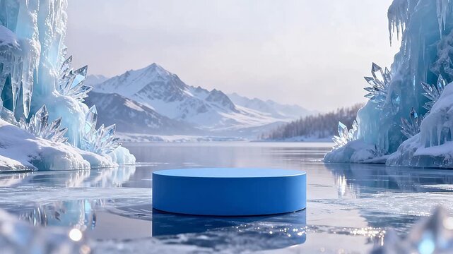Blue cylinder on icy landscape