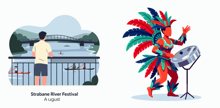 Colorful festival celebration with river view and traditional dancer performing