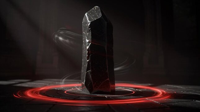 Mystical Obsidian Crystal Monolith Surrounded by Swirling Red Magic Energy Trails on Ancient Stone Ritual Altar in Dark Fantasy Temple Dungeon