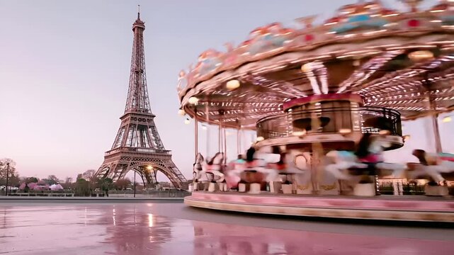 Paris, France, Europe. A vivid portrayal of the Eiffel Tower and a carousel in Paris, France. The iconic structure stands majestically against a soft pink and purple sky.
