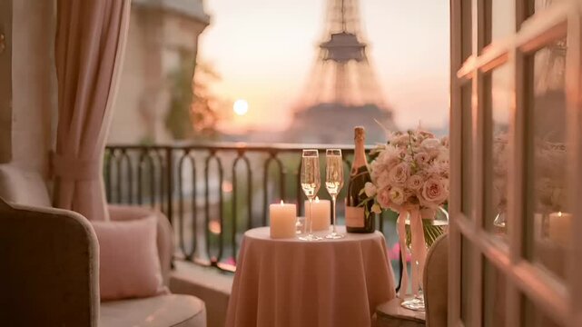 Paris, France, Europe. A romantic scene set in a balcony overlooking the Eiffel Tower at sunset. The setting sun casts a warm, golden hue over the scene. On the balcony.