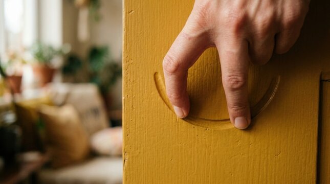Fingers pressing into painted wooden surface creating circular indentations, close up of hand detail.