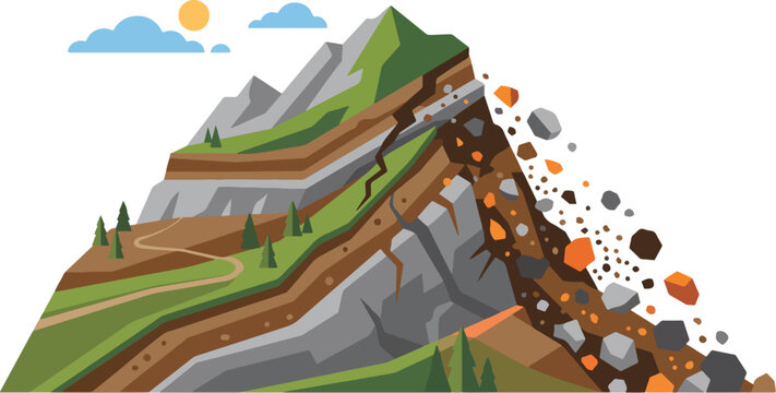 Illustrative cross-section of a mountain showing a severe landslide disaster with falling rocks and soil erosion
