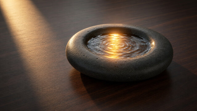 A smooth dark river stone on a walnut wood desk with a mini pool of water reflecting a golden warm sunbeam.